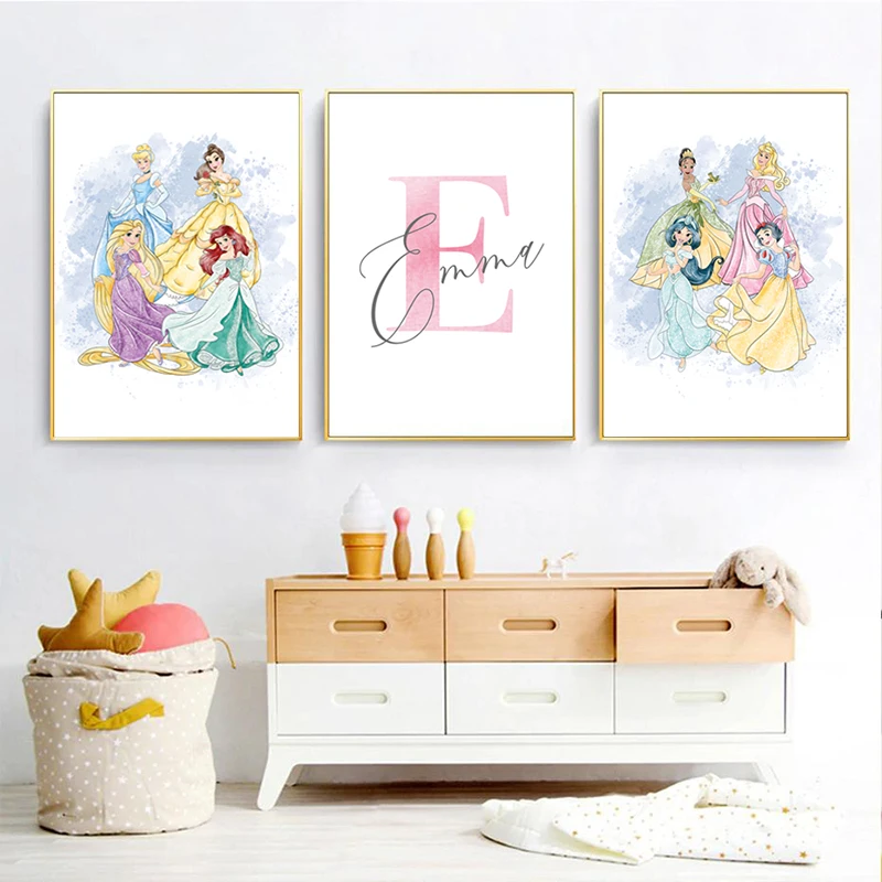 Impresión artística de pared de princesa personalizada de Disney para decoración de habitación de niñas, póster de lienzo de princesa con nombre personalizado, pintura decorativa de Ariel