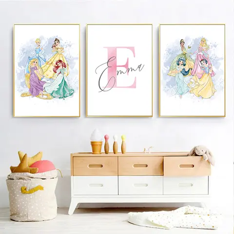 Personalized Princess Wall Art Print For Girls Room Decoration Custom Name Princess Canvas Poster Ariel Painting Decor