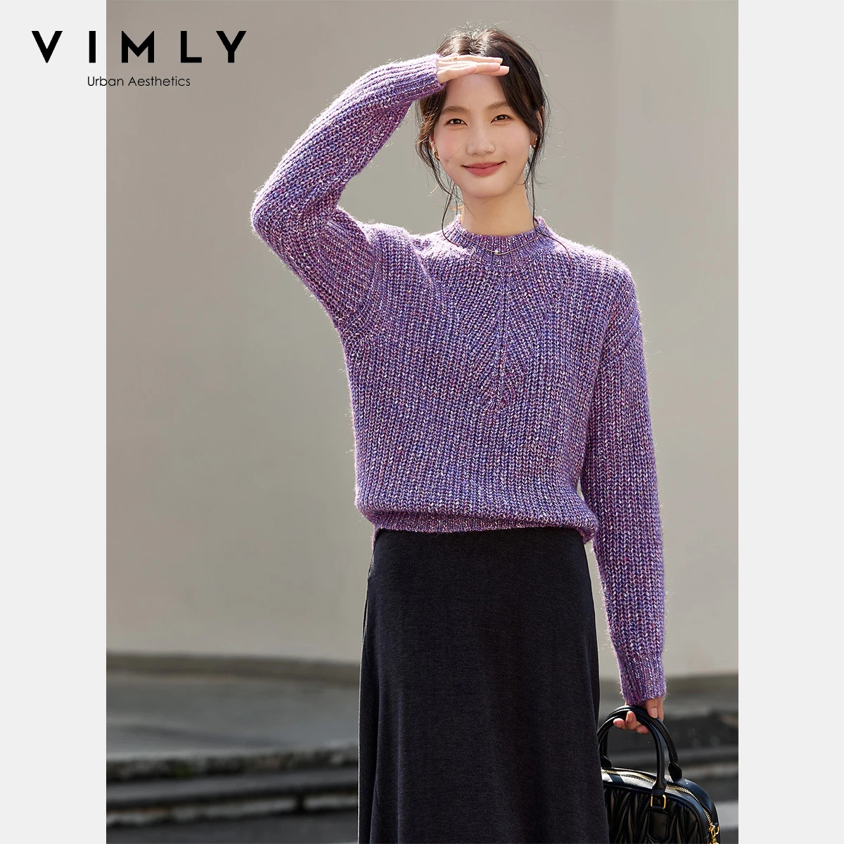 

VIMLY фиолетовый свитер для женщин, французская осень 2024, вязаные пуловеры с длинными рукавами и воротником-стойкой, свободные женские джемперы 75208