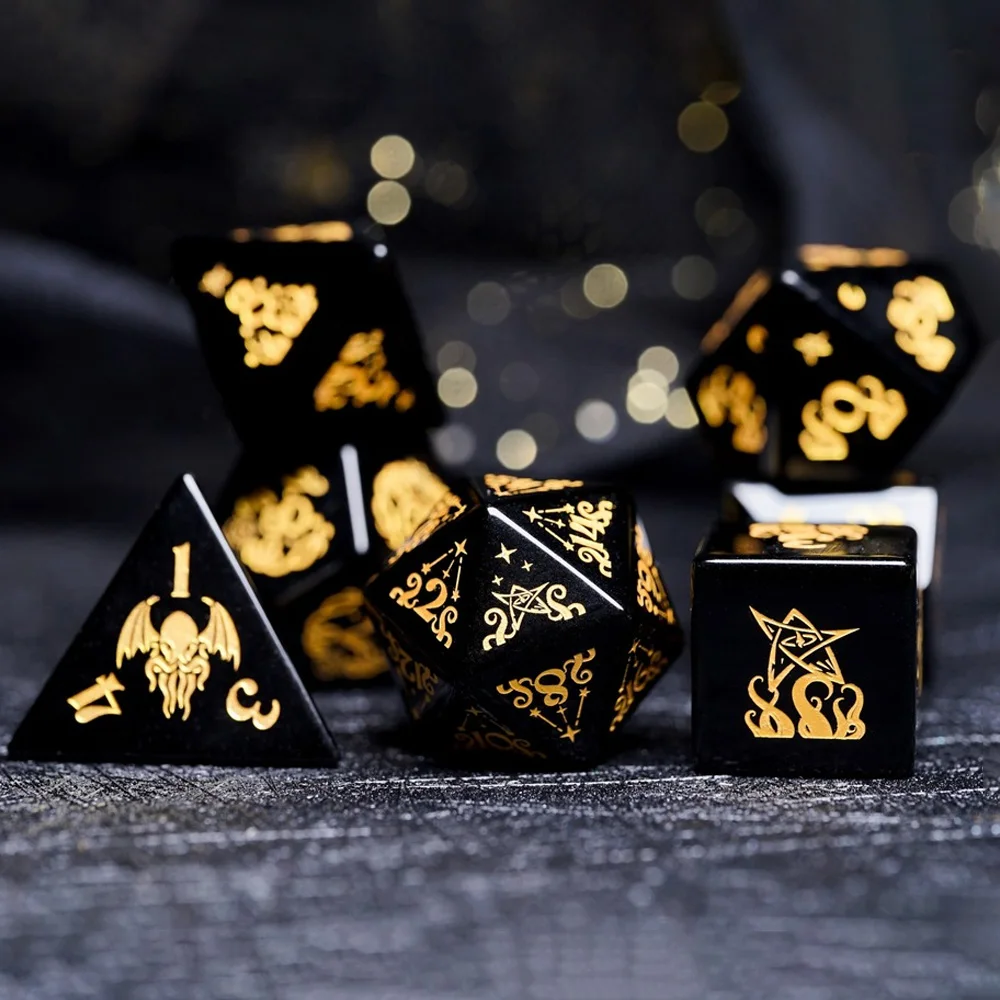 Natural Obsidian RPG Dice Gemstone Handmade Engraved Cthulhu Tentacle DND Dice Set Healing Crystal Reiki Stone Board Gaming Dice