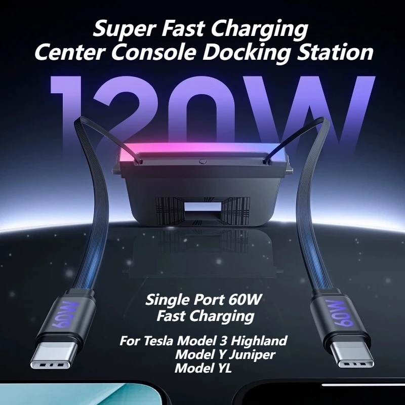 120W Fast Charging Center Console Dock Station for Tesla Model 3 Highland Model Y YL Juniper,Music‑Sync Full‑Strip Ambient Light