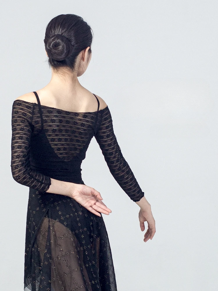 

Off Shoulder Ballet Lightweight Mesh Dance Top Adult Summer Thin Black Practice Nine-Sleeve Lace Suit