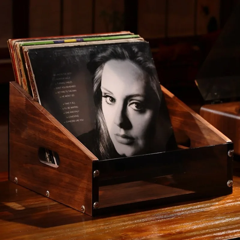 Walnut Solid Wood Vinyl Record Rack,12‑Inch Large‑Capacity LP CD Display Box, Retro Simple Disc Holder Home