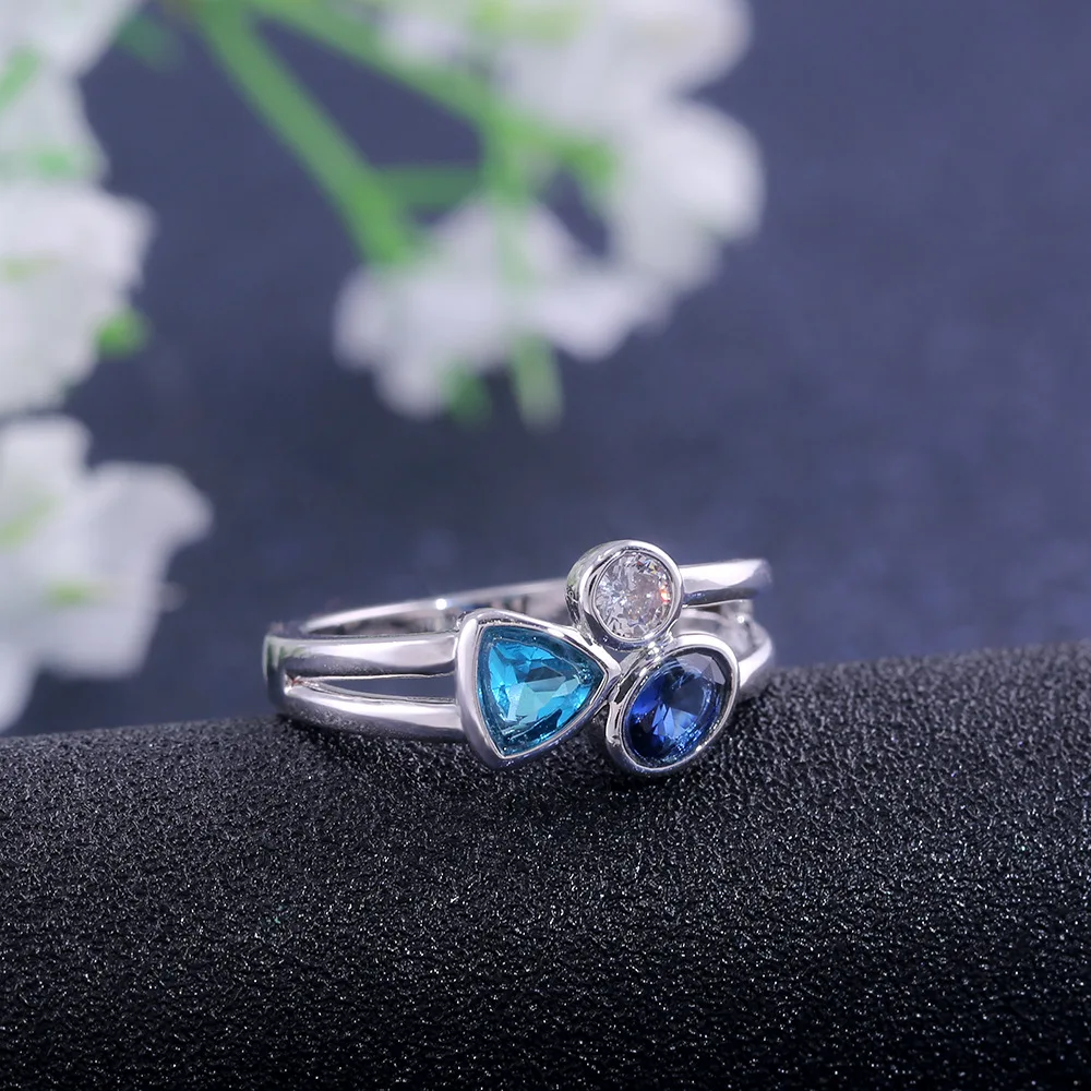 Fashion 925 Sterling Silver Round Oval Triangle Stone in One Wedding Ring Three Different Color Zircon Stone Engagement Ring