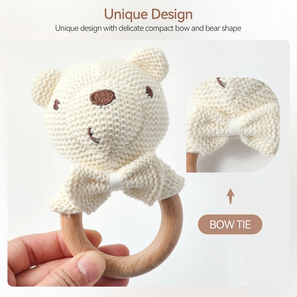 1PC Baby Rattle Toys Crochet Animal Cute Bear Toys Kawaii Wooden Teether Baby Product Mobile Crib Wooden Newborn Rattle Toys