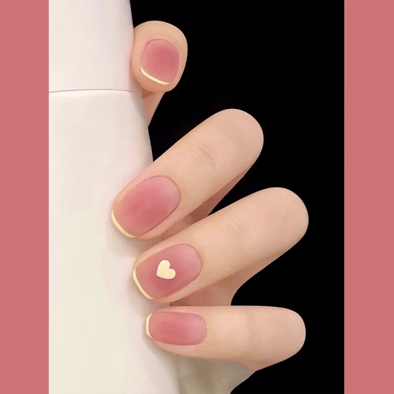 

24Pcs Blusher Gradient Love French Press on Nails Reusable False Nail Removable Fake Nails Art Short Round Coffin Nail with Glue