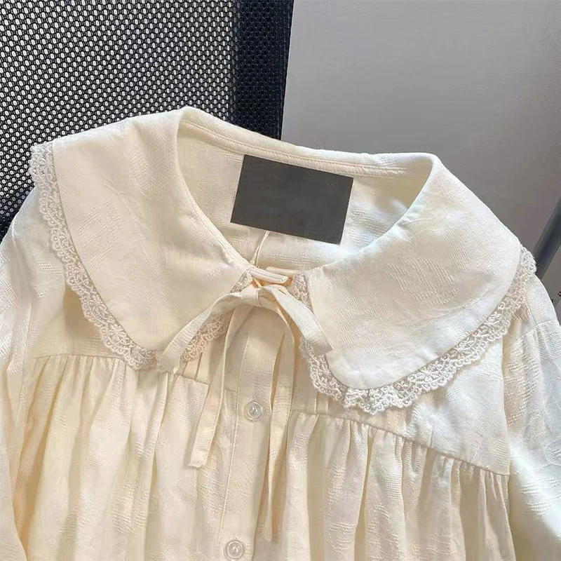

Sweet Doll Collar Shirt Women Japanese Kawaii Lace Patchwork Long Sleeve Blouse Loose Preppy All-Match Apricot Shirt Female