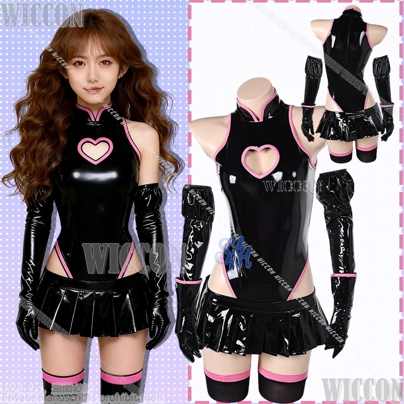 

Halloween Party Cosplay Hot Girls Jirai Kei Y2K Black PU Sexy Heart Hollowed Out Mini Dress Jumpsuit Lingerie Carnival Outfit
