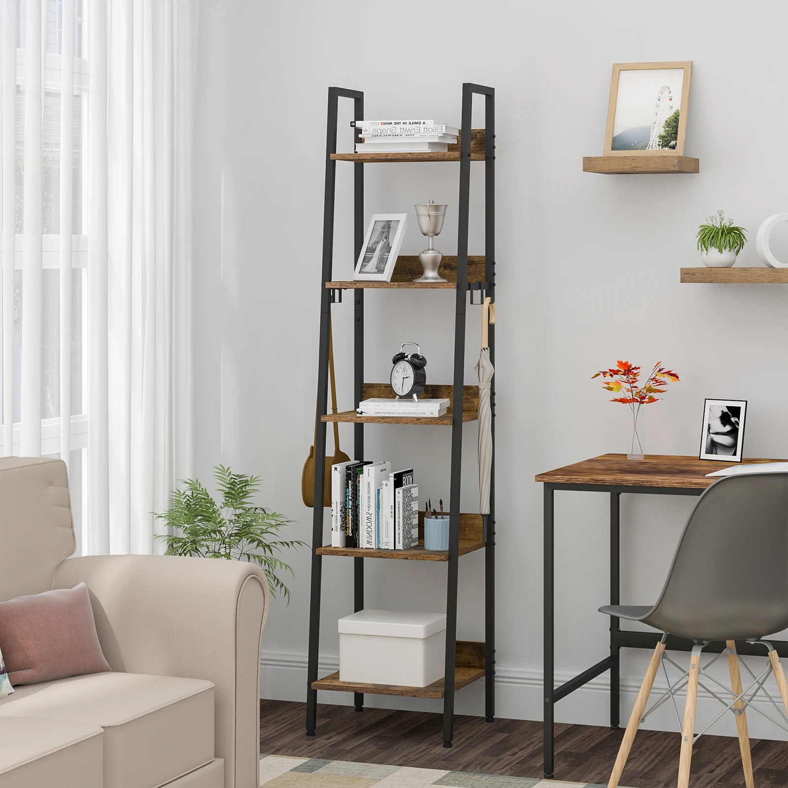 WOLTU 5-stufiges Bücherregal, Bücherregal, Heim- und Küchenregal mit 4 Haken, 40 x 170 x 36 cm, Wohnzimmer-Stehregal, Aufbewahrungsregal