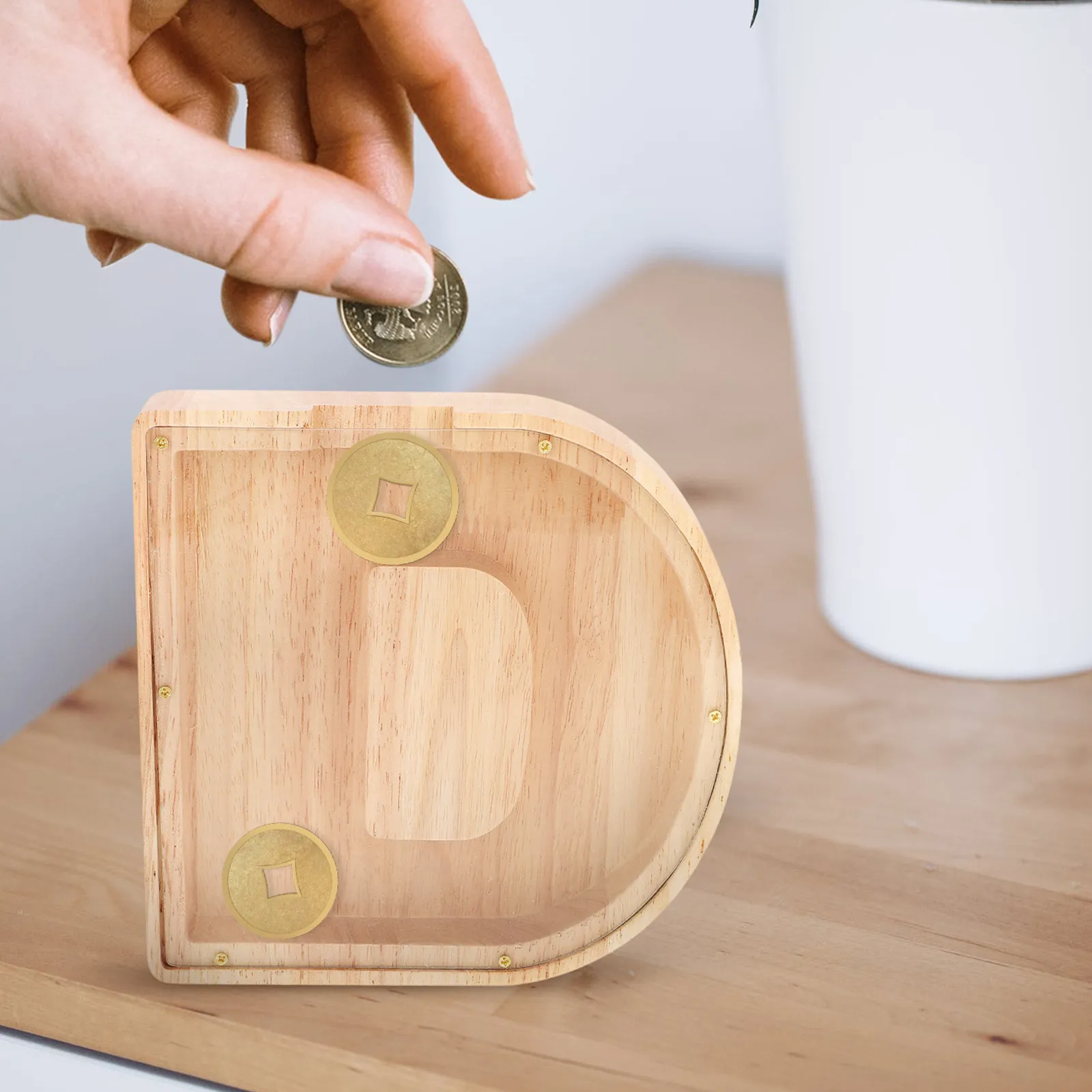 Alphabet Shaped Wooden Money Box Transparent Side for Savings Education Desktop Decorative Coin Bank Craft Letter Saving