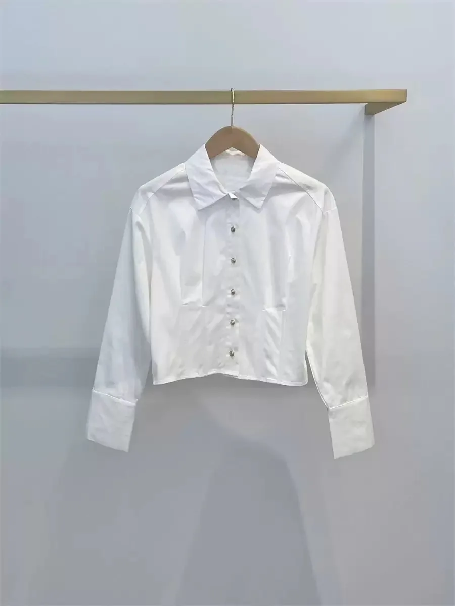 

Slim Fit Short Sleeve Long Neck White Shirt Women's Fashion Commute Style Pure Color Button up Breathable Cotton Blend