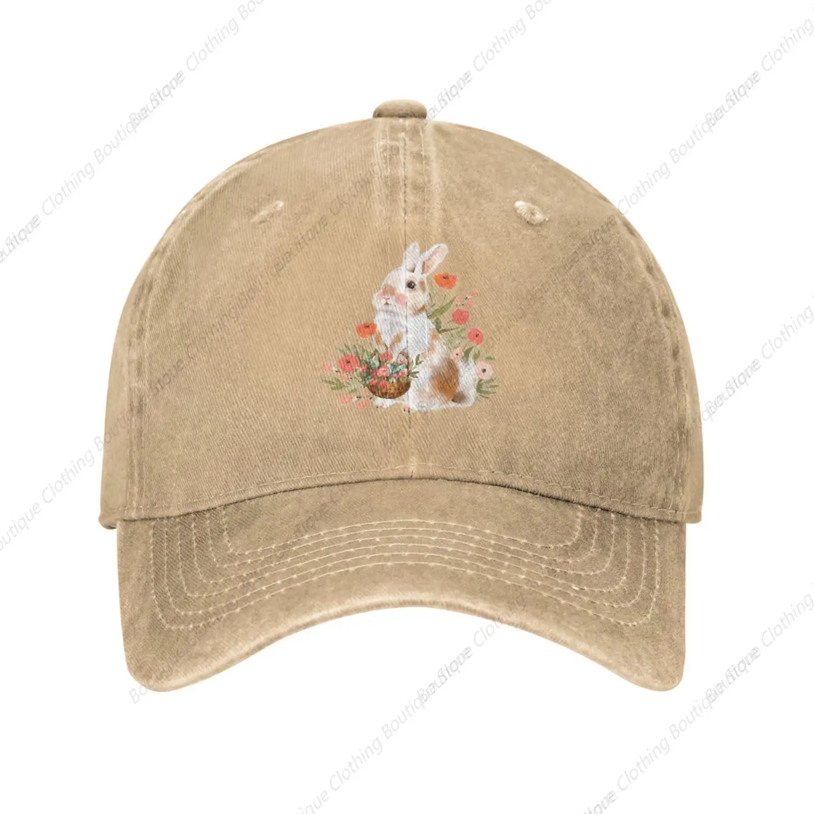 Cute Rabbit Small Flower Vintage Embossed Adjustable Washed Cowboy Cotton Dad Trucker Hat Black Fitted Baseball Cap