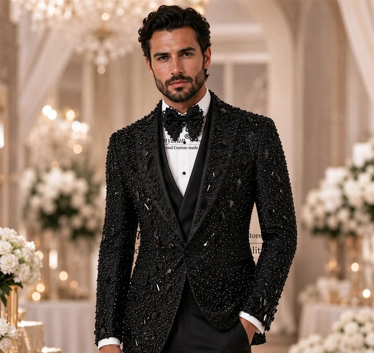 Luxury Beaded Jewelry Ornament Tuxedos Men Suit Customized Wedding Groom Blazers Glitter Crystals 3 Pieces Set rajes para hombre