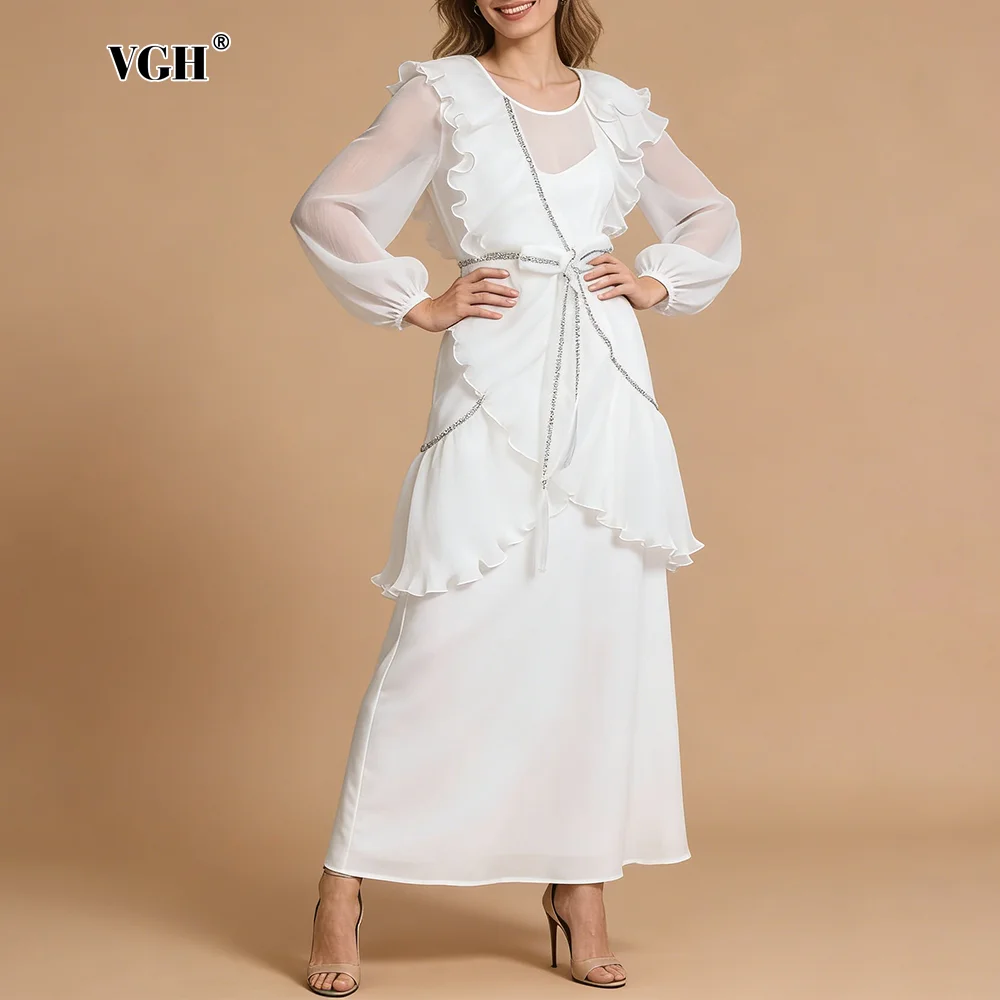 

VGH Glam White: Элегантные макси-платья с рюшами для женщин, с прозрачными рукавами, декорированные кристаллами, с завязками на талии, на бретельках, для гостей на свадьбу