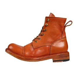 Autumn Winter Men's Work Wear Boots Thick Sole Cowhide Washed Old Vintage Casual Breathable High Top Men's Leather Boots
