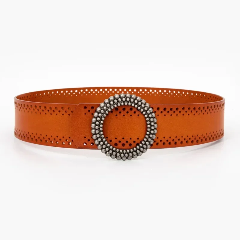 Women's Designer Belt Round Buckle Vegetable Tanned Leather Grain Ladies Decorative Costume Accessories Belt 5cm Width