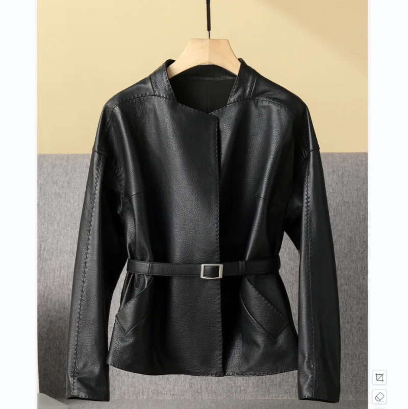 Pattern Genuine Leather Clothes Female Short Round Neck Collarless Leather Jacket Coat Short