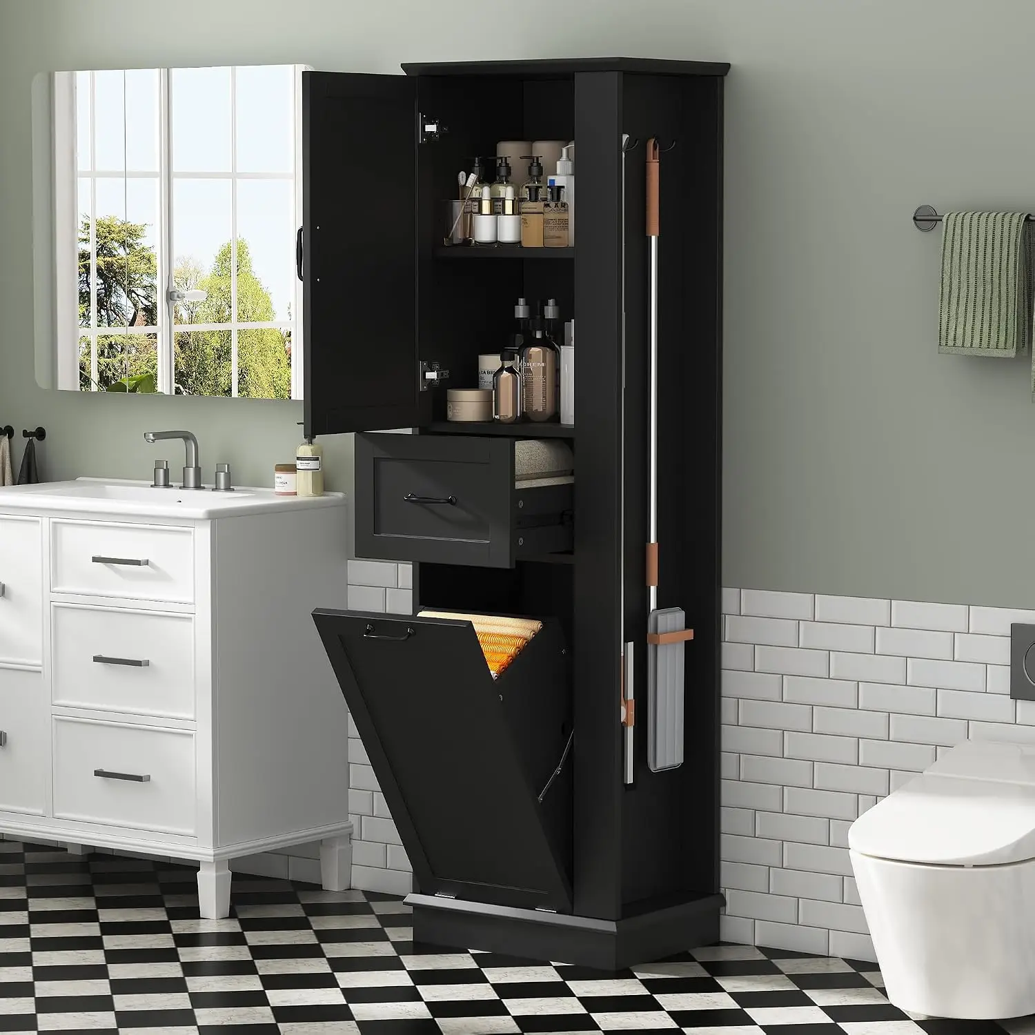 Bathroom Storage Cabinet with Door Drawer & Laundry Hamper, Adjustable Shelf, Left/Right Orientation, Black, Customized