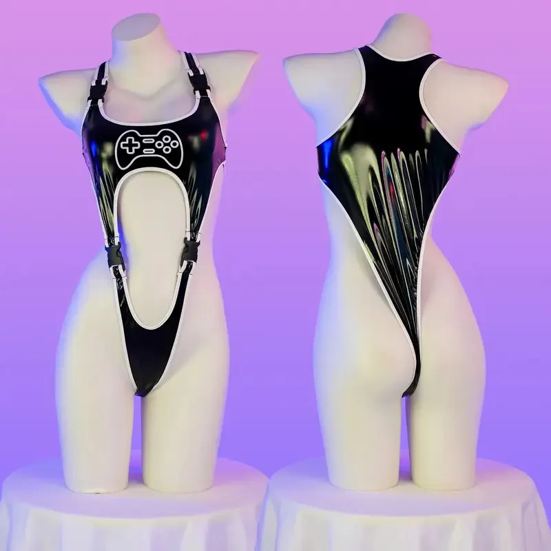 لعبة جلدية Cyberpunk ملابس السباحة تأثيري بذلة زي تحكم HighLeg ارتداءها النساء مشبك منامة ملابس حفلة DJ ليلة