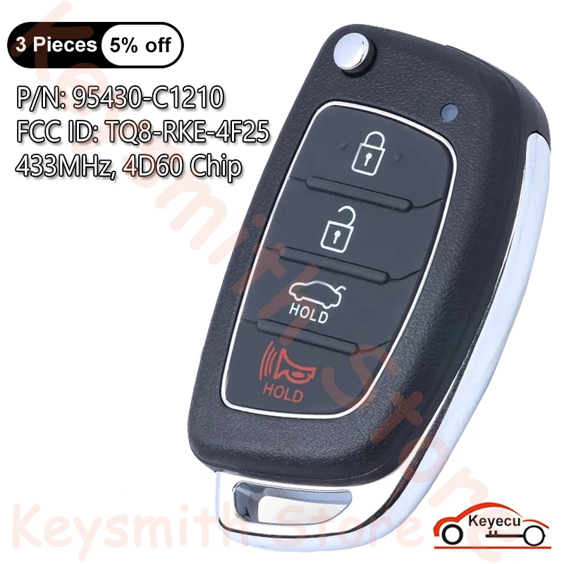 

KEYECU 4 Buttons 433MHz 4D60 Chip for Hyundai Sonata 2017 2018 2019 2020 Auto Flip Remote Key Fob 95430-C1210 FCC# TQ8-RKE-4F25