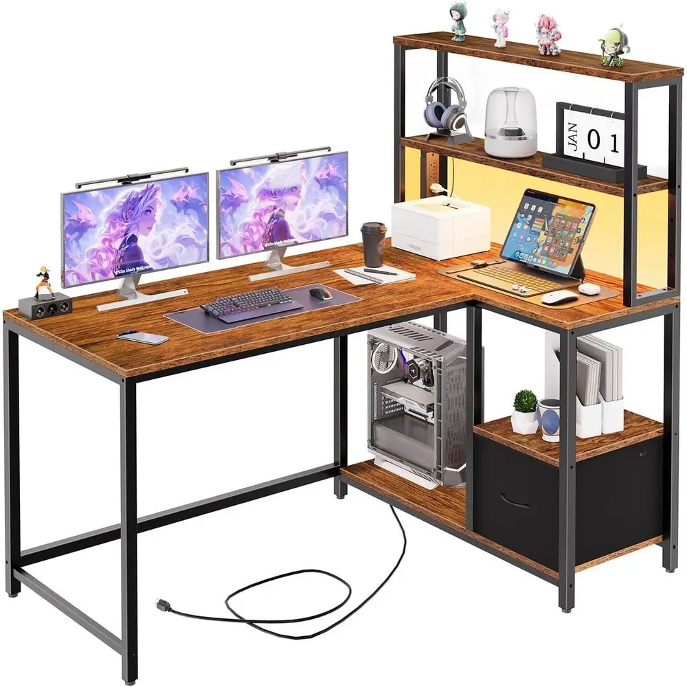L Shaped Gaming Desk, 46 Inch Reversible Computer Desk with LED Light & Power Outlet, Oice Desk with Storage Shelves & Der, or H