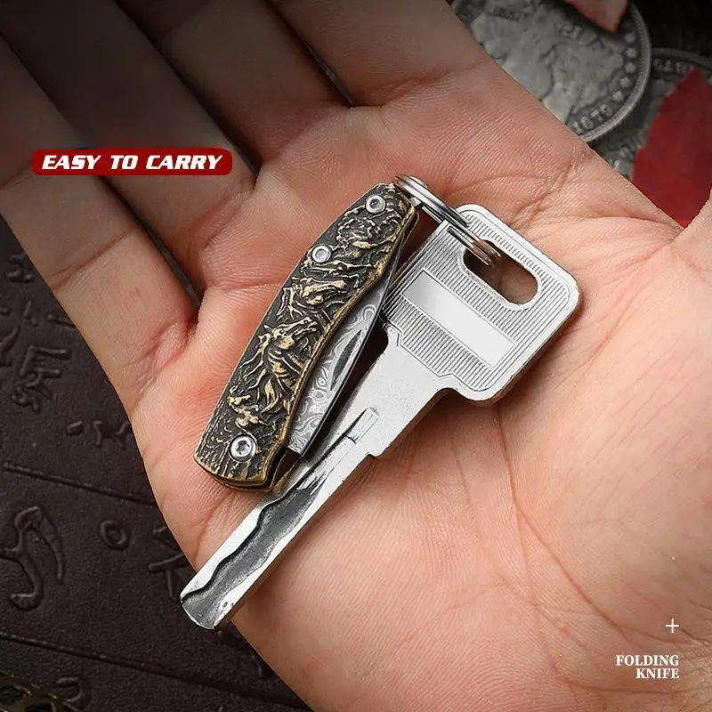 Pisau Saku Mini Pisau Lipat Pola Baja Damaskus Pisau Buah Alat EDC Portabel Luar Ruangan