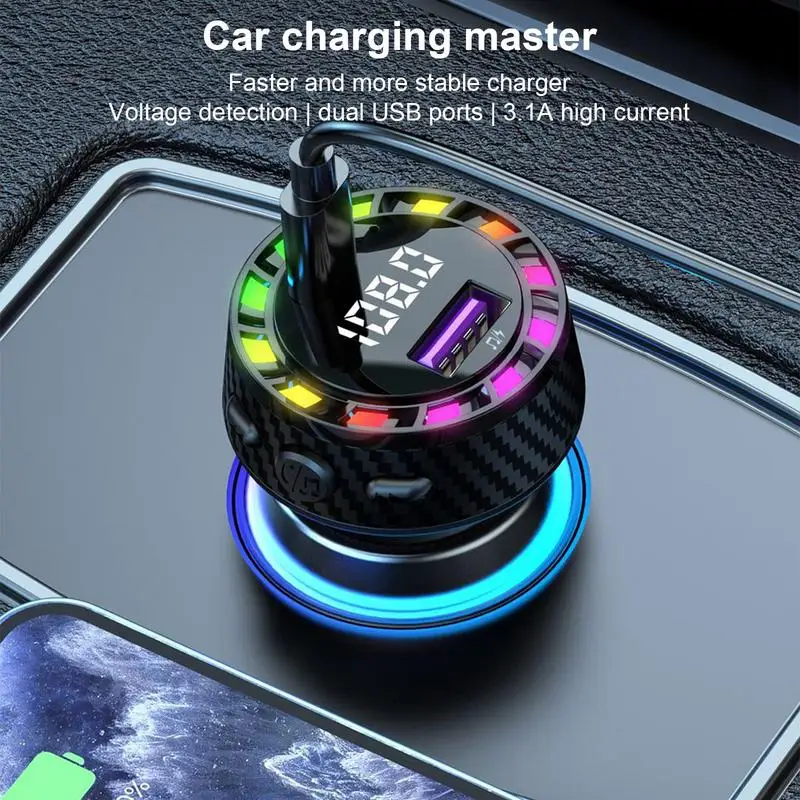 Car Charger Colorful Light 2-Port Car Charge Port Digital Display Smart Fast Charging USB Type-C Adapter Microphone For 12V-24V