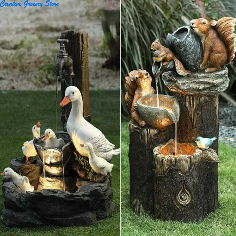 NUOYING Fontaine solaire en résine canard écureuil, fontaine de jardin de Patio E2 avec lumière LED, décor de Simulation extérieure pour cour