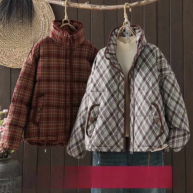 

Faionable Plaid Cotton Jaet Women's Winter New Sle Loose Thi Warm ort Coat Trendy Stand Collar Long Sve Zipper