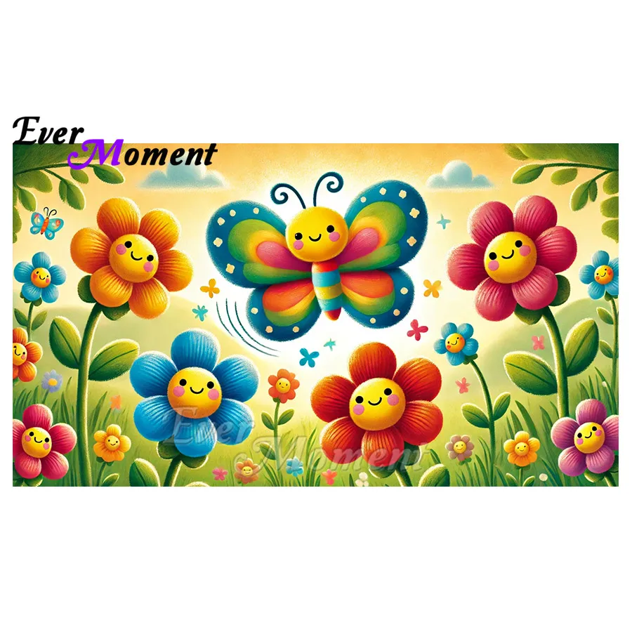 Cartoon Smiling Flower with Butterfly Landscape Diamond Painting with AB Drills DIY Diamond Kit ASF2971