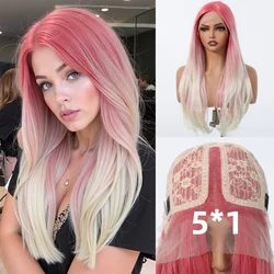 HENRY MARGU 5*1 Lace Frontal Synthetic Wigs Platinum Ombre Long Layered Lace Front Wig Middle Part Pink Cosplay Wigs for Women