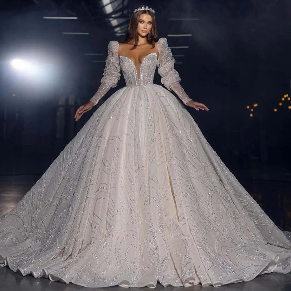 

Elegant Wedding Dresses Sexy Sweetheart Long Sleeves Appliques Lace Ball Bridal Gowns Custom Made Sweep Train Robes De Mariée