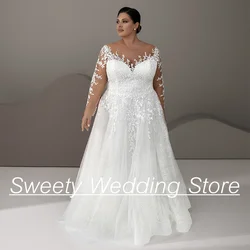 Plus Size Wedding Dress for Woman Customized Illusion Long Sleeves Scoop Lace Applique Tulle A Line Bridal Gown Robe De Mariee