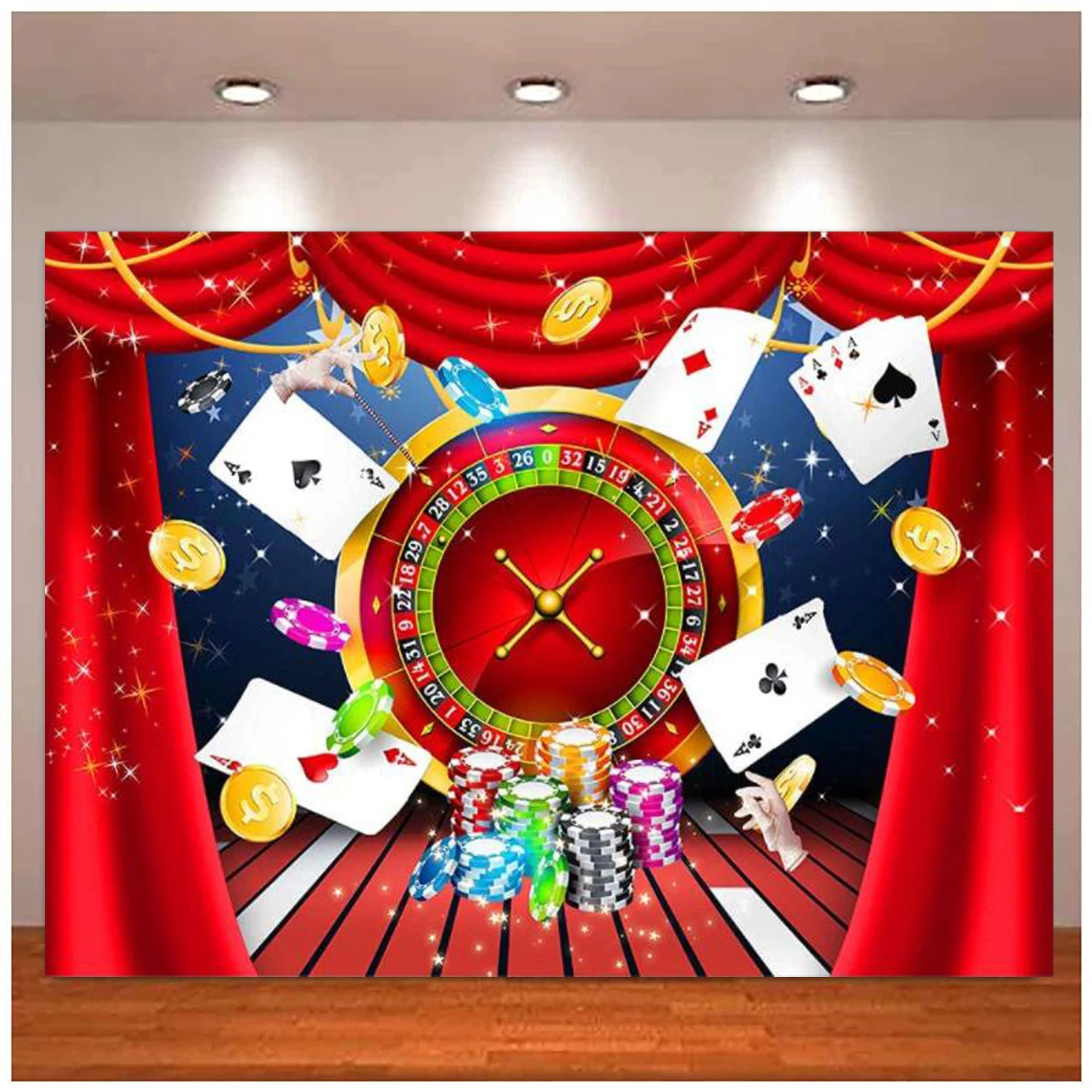 Red And Gold Photography Backdrop las Vegas Casino Party Poker Night Backdrop Roulette Wheel Poker Cards Games Chips Gold Coins