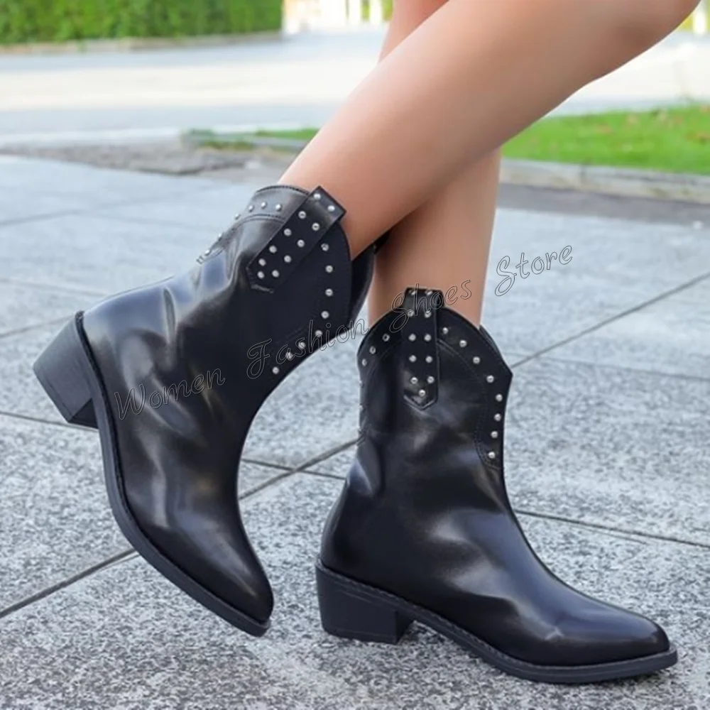 Bottes pointues en cuir pour femmes, décor de rivet noir, gros talons hauts, chaussures à talons hauts, nouveau, 2024, 256