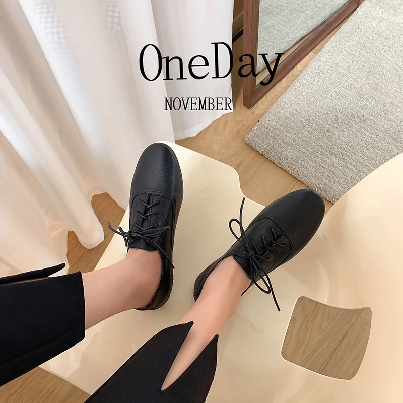 Spring Summer Flats for Women Genuine Leather Soft Flats Casual Walk Shoes Comfort Lace-Up loafers Autumn Ladies Driving Shoes