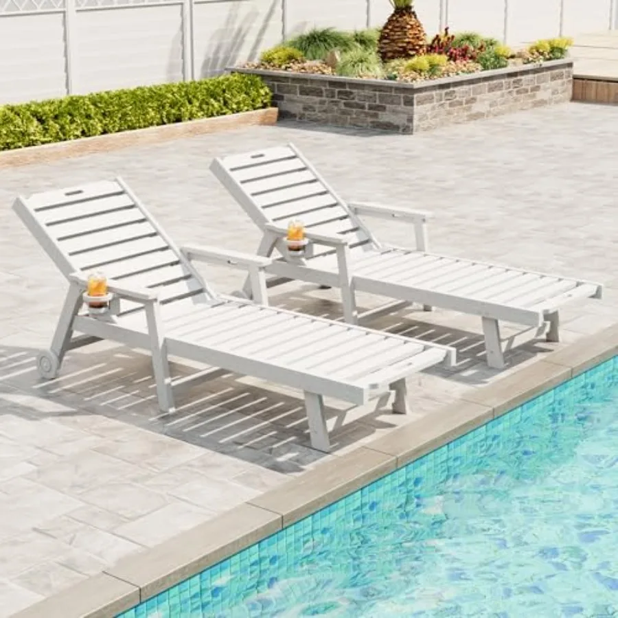 

Lounge Chair Outdoor Set of 2 with Wheels and 5-Position Adjustable Backrest, Oversized Chaise Lounge with 2 Move Handle, HDPE