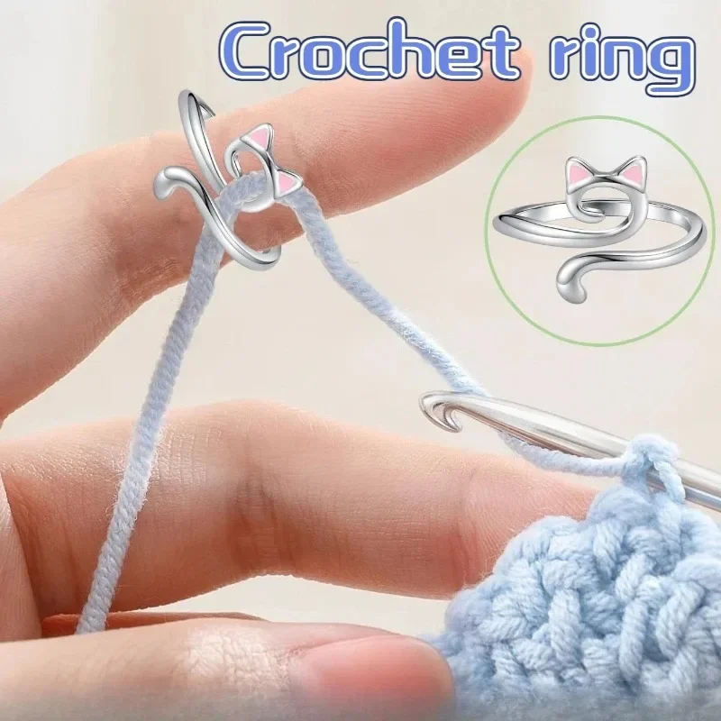 Adjustable Crochet Tension Cute Cat Ring, Beginner Knitting Crochet Hook Ring, Yarn Guide Finger Holders Thimbles Winder Tools