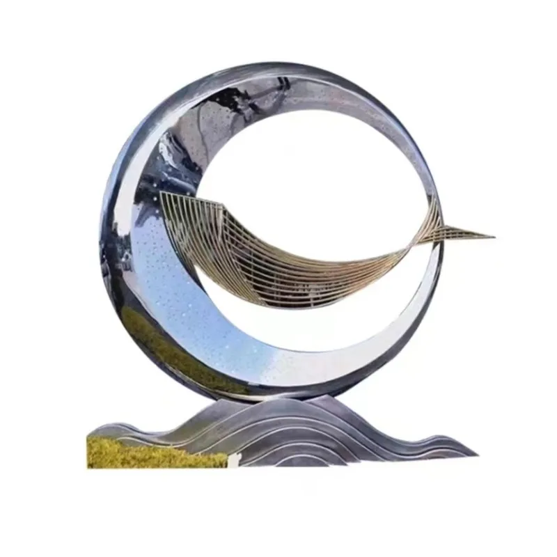 Stainless steel sculpture Moon ring sculpture Water feature Spray wave sculpture Customized large garden landscape