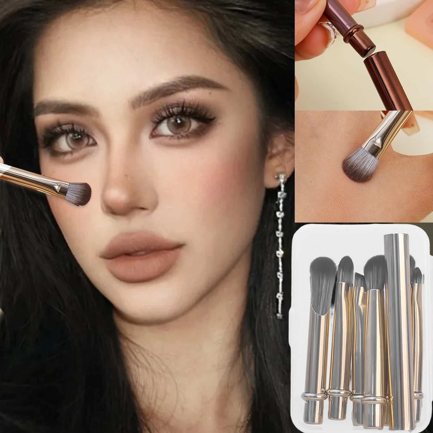 Juego de brochas de maquillaje portátiles, 6 uds., para Mini sombra de ojos profesional, sombra de nariz, cepillo de ángulo de contorno, herramientas cosméticas de viaje