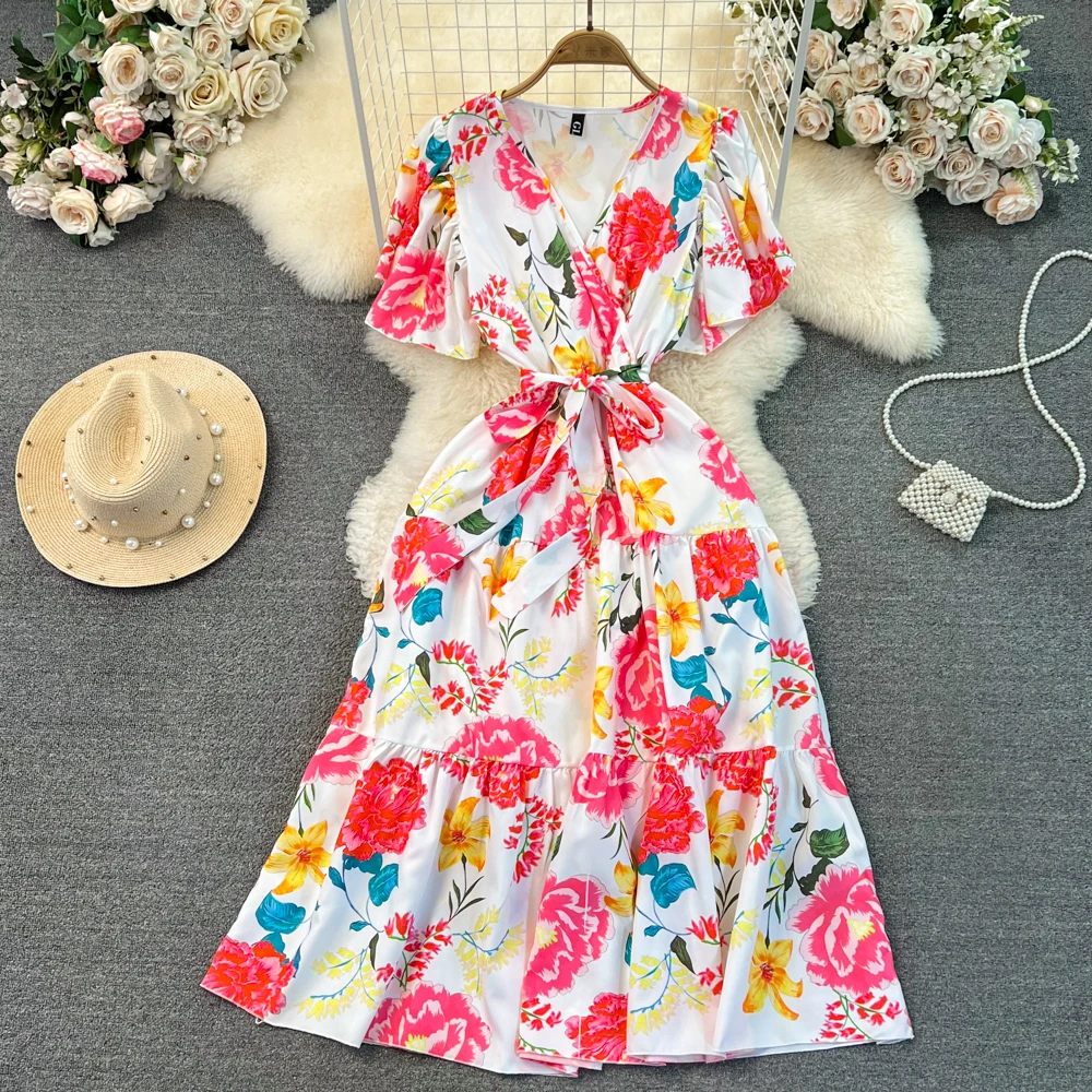 Vintage Print Elegant Short Sleeve Lace Up Dress V Neck Beach Vacation Party Dress Women Fashion Summer Spring Vestidos