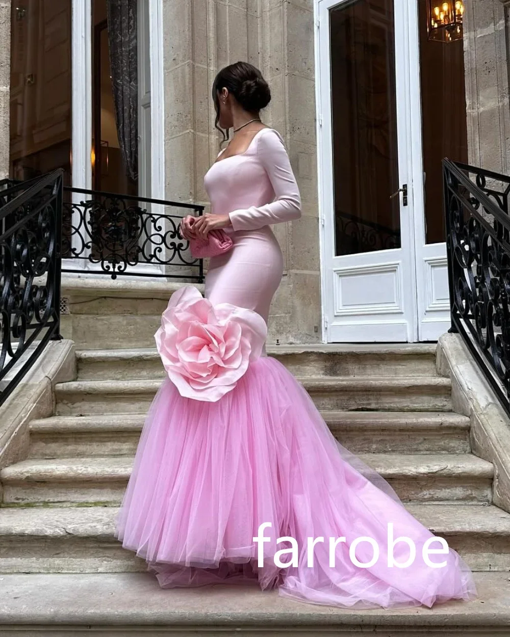 Customized Exquisite Jersey Pleat Flower Mermaid Square Neck Long Dresses Bespoke Occasion Dresses Modern Style Pastrol Chinese 