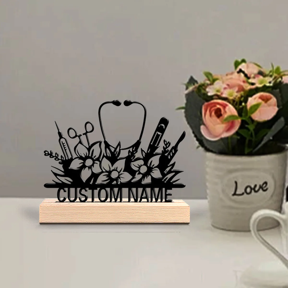1pc Simple Stethoscope flower Customizable Text Metal Statue Art Figurine With Wood Base Metal Ornament For Friend Gifts
