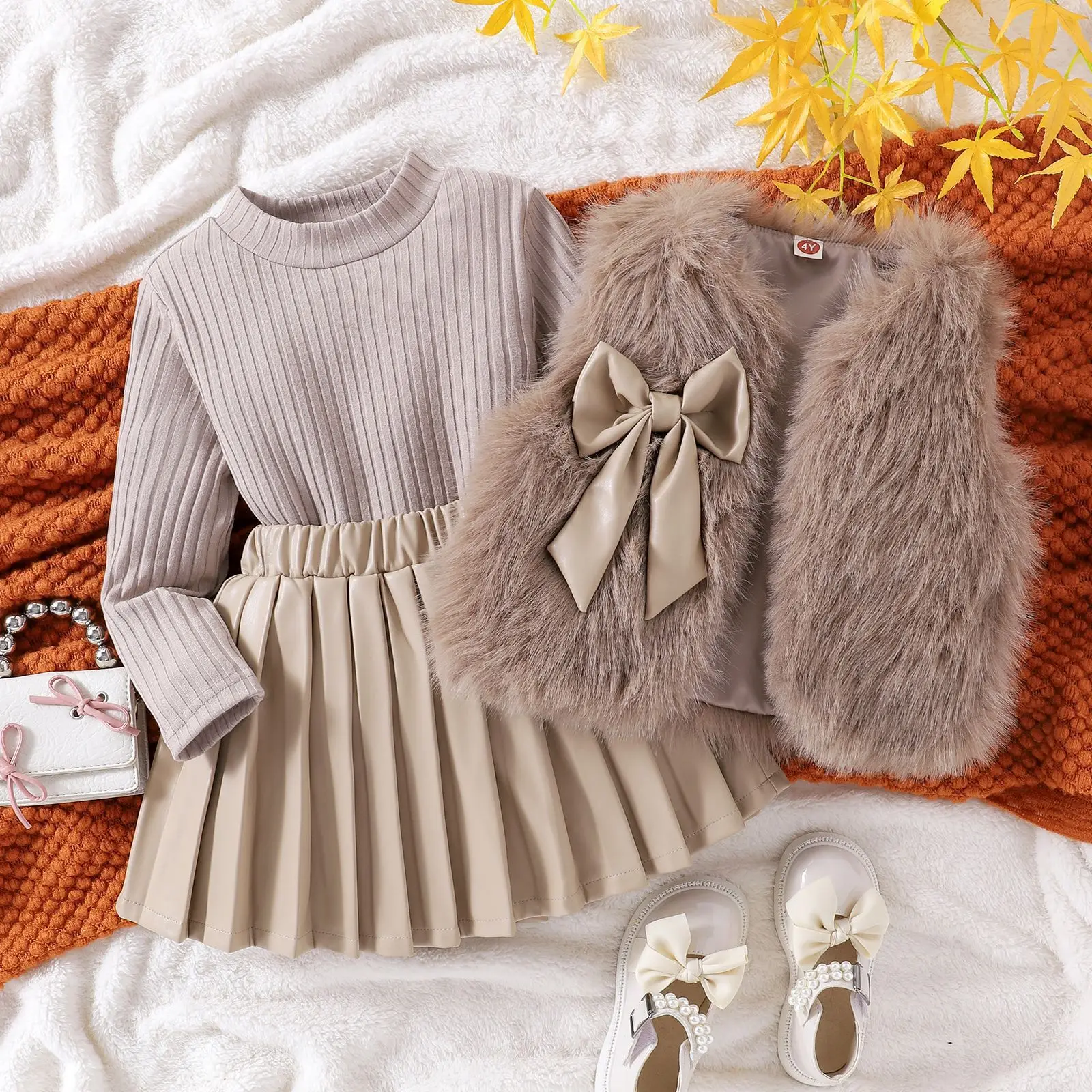 Children's Clothing Sets Furry Vest + Long Sleeve T-shirt + Leather Skirt 3pcs Sets Baby Girl Outfit Set Toddler Girl Clothes