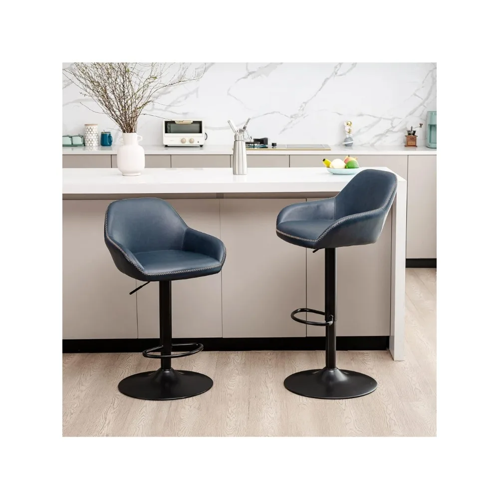 Mid Century Bar Stools Set of 2 Vintage Swivel Leather Adjustable Bar Chair with Backrest and Footres，Dark Blue