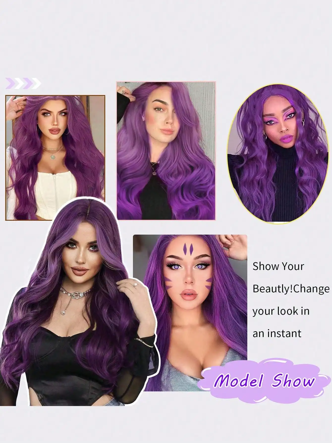 باروكة دانتيل أرجوانية مع موجات جسم طويلة، باروكة صناعية مقاومة للحرارة وخالية من 28 بوصة للحفلات التنكرية النسائية، إلخ