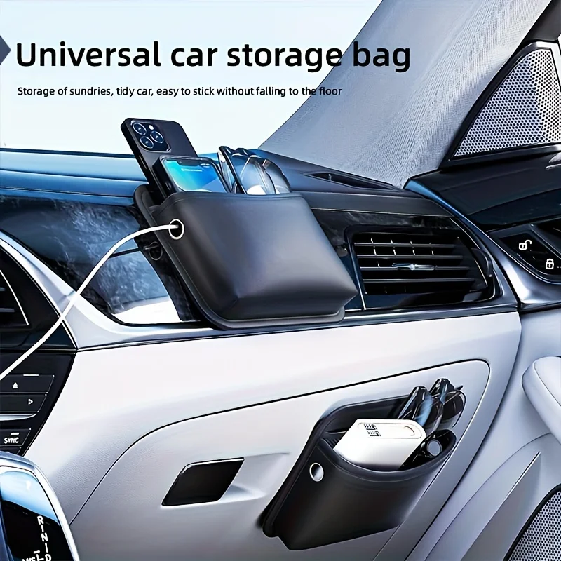 Bolsa de almacenamiento para automóvil - Velcro universal, impermeable, se adapta a la consola, sin daños a pintar, negro - Ideal para organización de automóviles y fácil