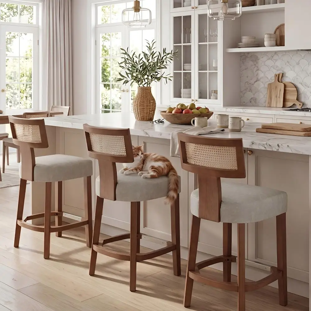 26 Modern Rattan Bar Stools Set of 3, Counter Height Wicker Kitchen Barstools with Back, Boho Farmhouse PU Leather holstered