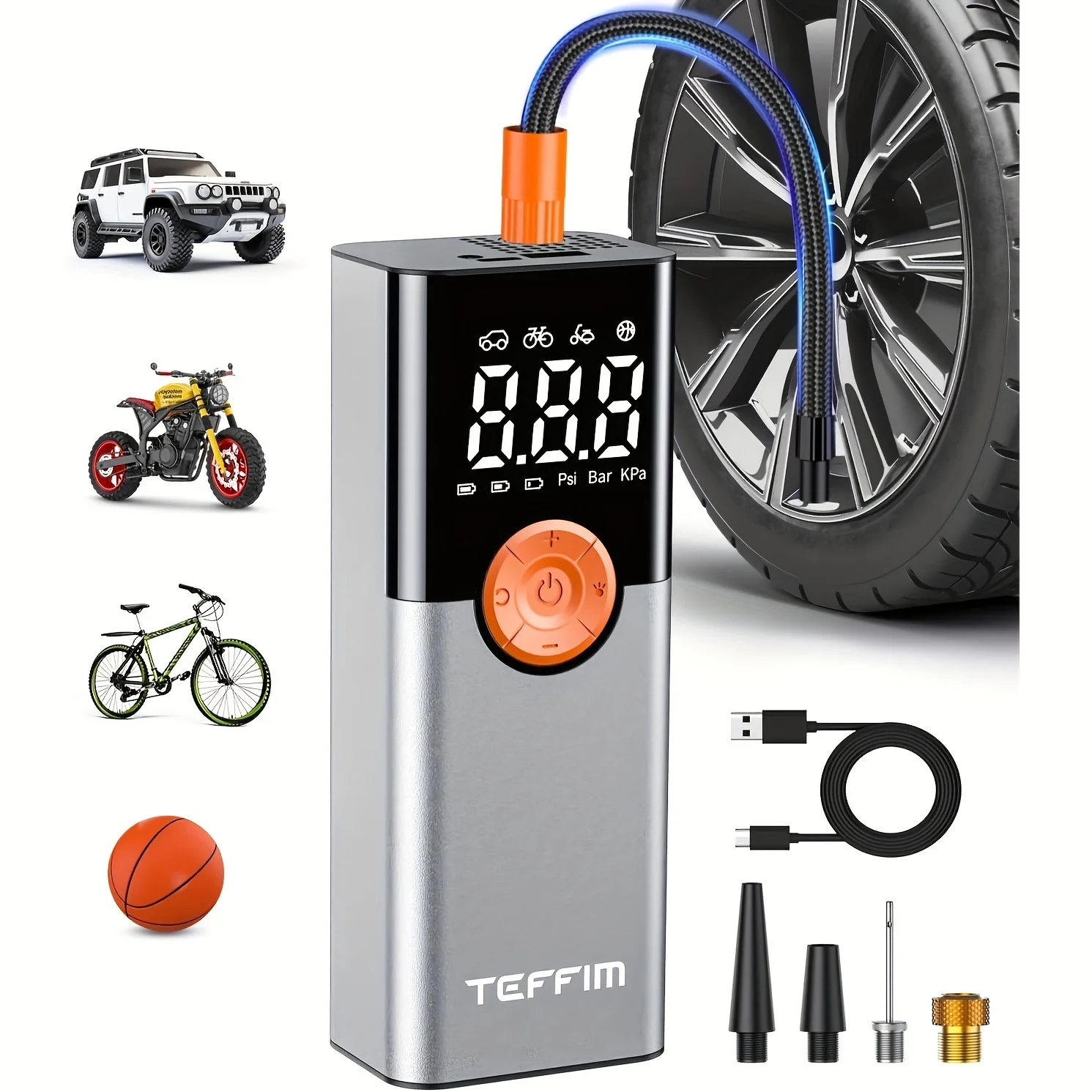 

Compact 150 PSI Tire Inflator with Digital Pressure Gauge and LED Light - Versatile Air for Cars, Motorcycles, E-Bikes, and Bic