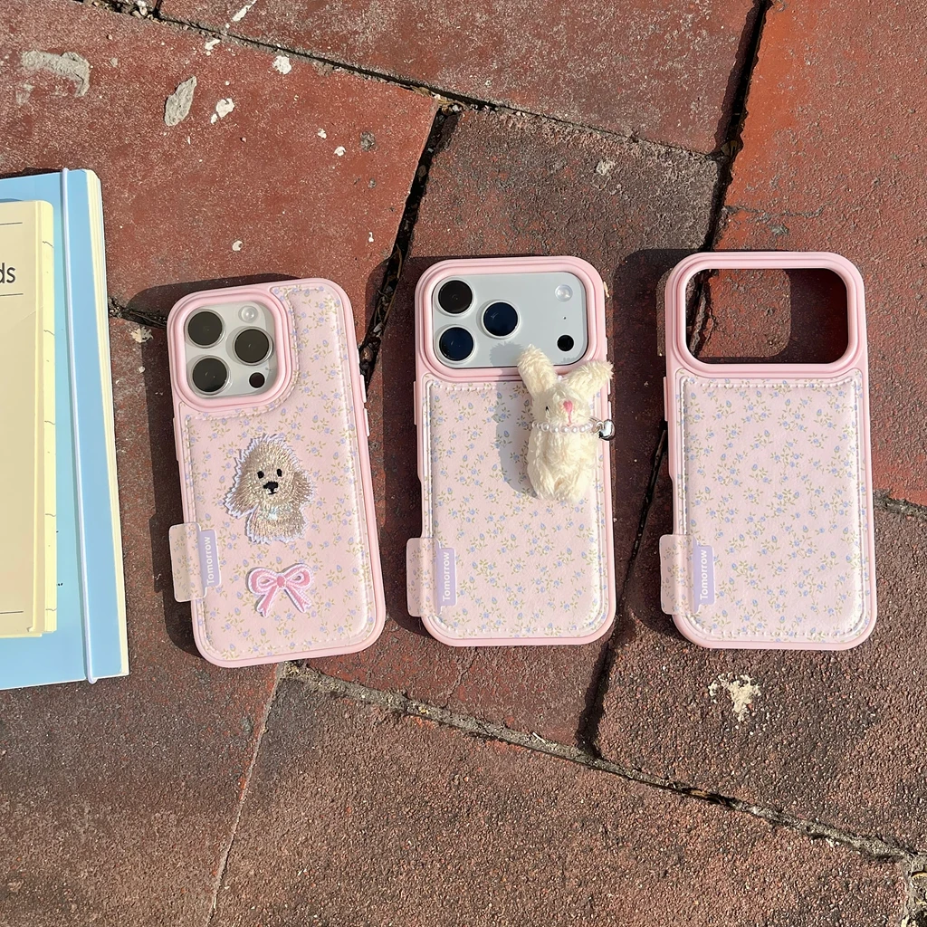 

Милый розовый цветок стереоскопической вышивкой щенка плюшевый кролик чехол для телефона из искусственной кожи для iPhone 17, 16, 15, 14 Pro Max